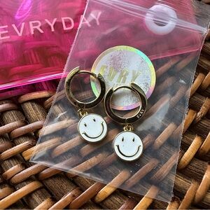 EVRY Smiley Face Gold White Dangle Huggie Earrings New in Package